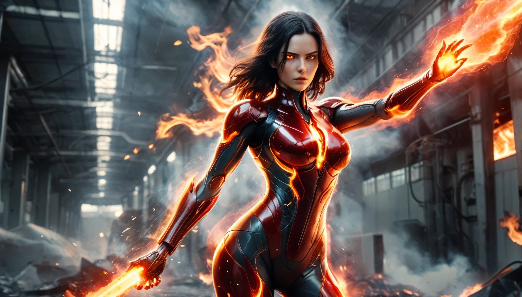 a dynamic and intense scene featuring a fierce-looking female character with flowing dark hair, dressed in a futuristic, armored bodysuit. The suit is primarily red with metallic accents, designed with intricate details and a high-tech appearance. The character is emanating powerful flames from her outstretched hand, with fire swirling around her, indicating that she possesses pyrokinesis or fire-related abilities. The background suggests an industrial or futuristic setting with muted tones, highlighting the fiery action in the foreground. The character's determined expression and the vivid depiction of flames create a sense of urgency and power. photo realistic, 8k, super vibrant color, distant full body shot