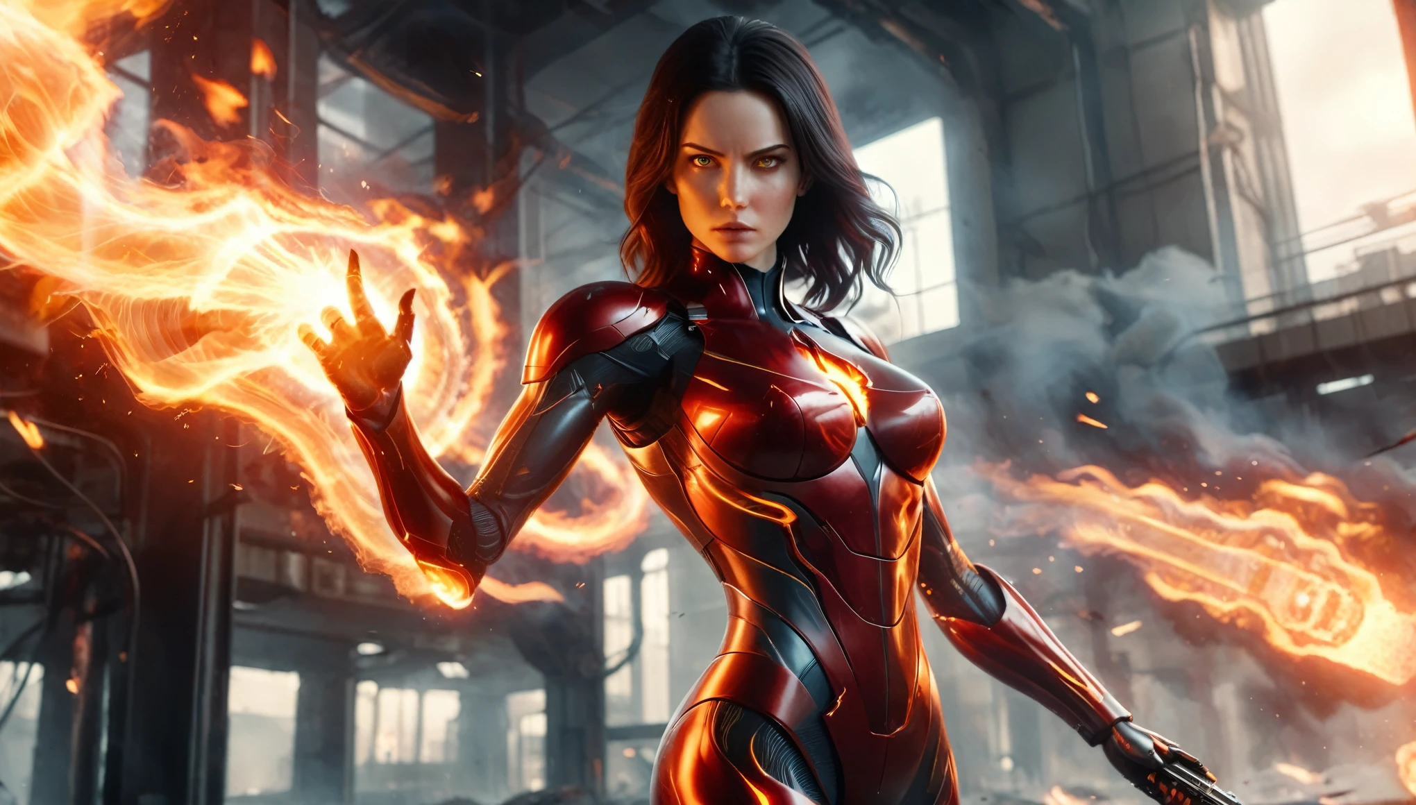 a dynamic and intense scene featuring a fierce-looking female character with flowing dark hair, dressed in a futuristic, armored bodysuit. The suit is primarily red with metallic accents, designed with intricate details and a high-tech appearance. The character is emanating powerful flames from her outstretched hand, with fire swirling around her, indicating that she possesses pyrokinesis or fire-related abilities. The background suggests an industrial or futuristic setting with muted tones, highlighting the fiery action in the foreground. The character's determined expression and the vivid depiction of flames create a sense of urgency and power. photo realistic, 8k, super vibrant color, distant full body shot