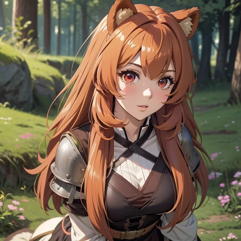 Raphtalia. beautiful woman 28 years old bear ears, cabello naranja brillante . red eyes like rubies detailed high quality. sonrisa, rubor , pechos grandes, top deportivo color blanco, sin mangas escotado, short color verde oscuro. sudor en el cuerpo, esta explorando unas ruinas. alta calidad.
