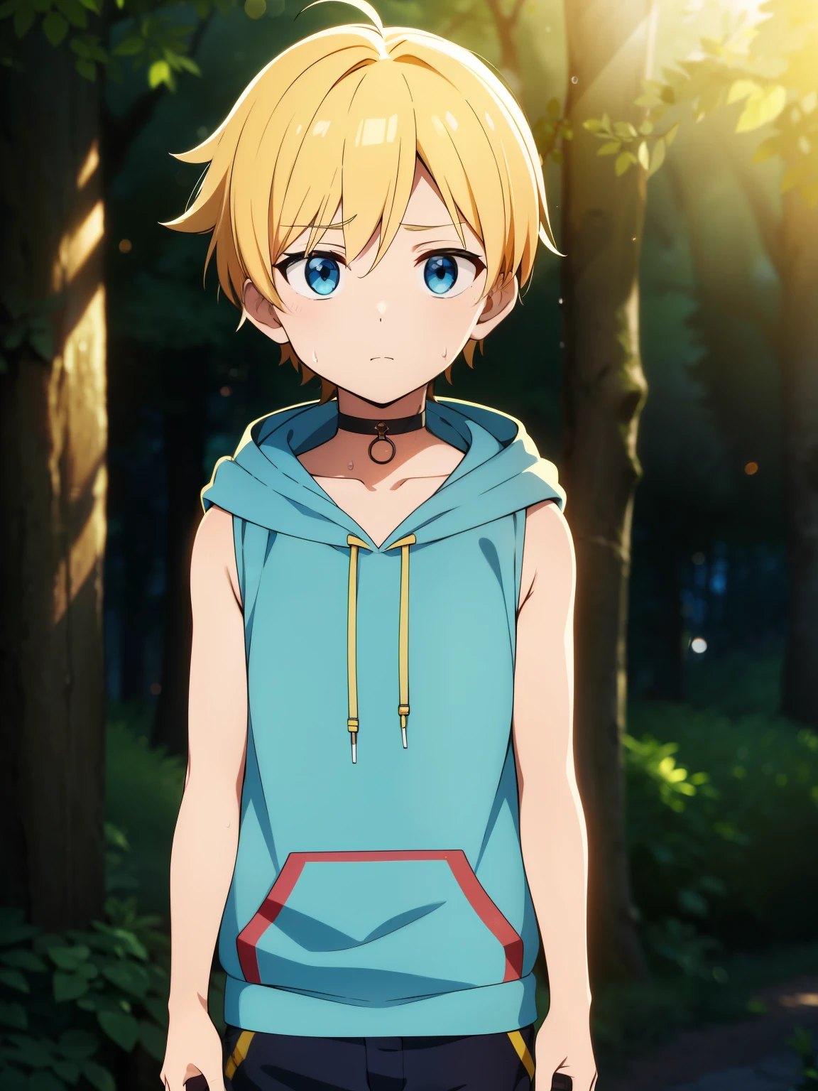 Highres, Masterpiece, Best quality at best,Best Quality,hight quality, hight detailed, Anime style, 1boy, Boy, Shota, Blonde, Cute face, blue hoodie, Choker, Sleeveless hoodie, Body, (very small and short stature), (very young boy), (very small and short body), ***************s, forest, Sweat, Uhd, 8k, depth field, ray tracing, bokeh