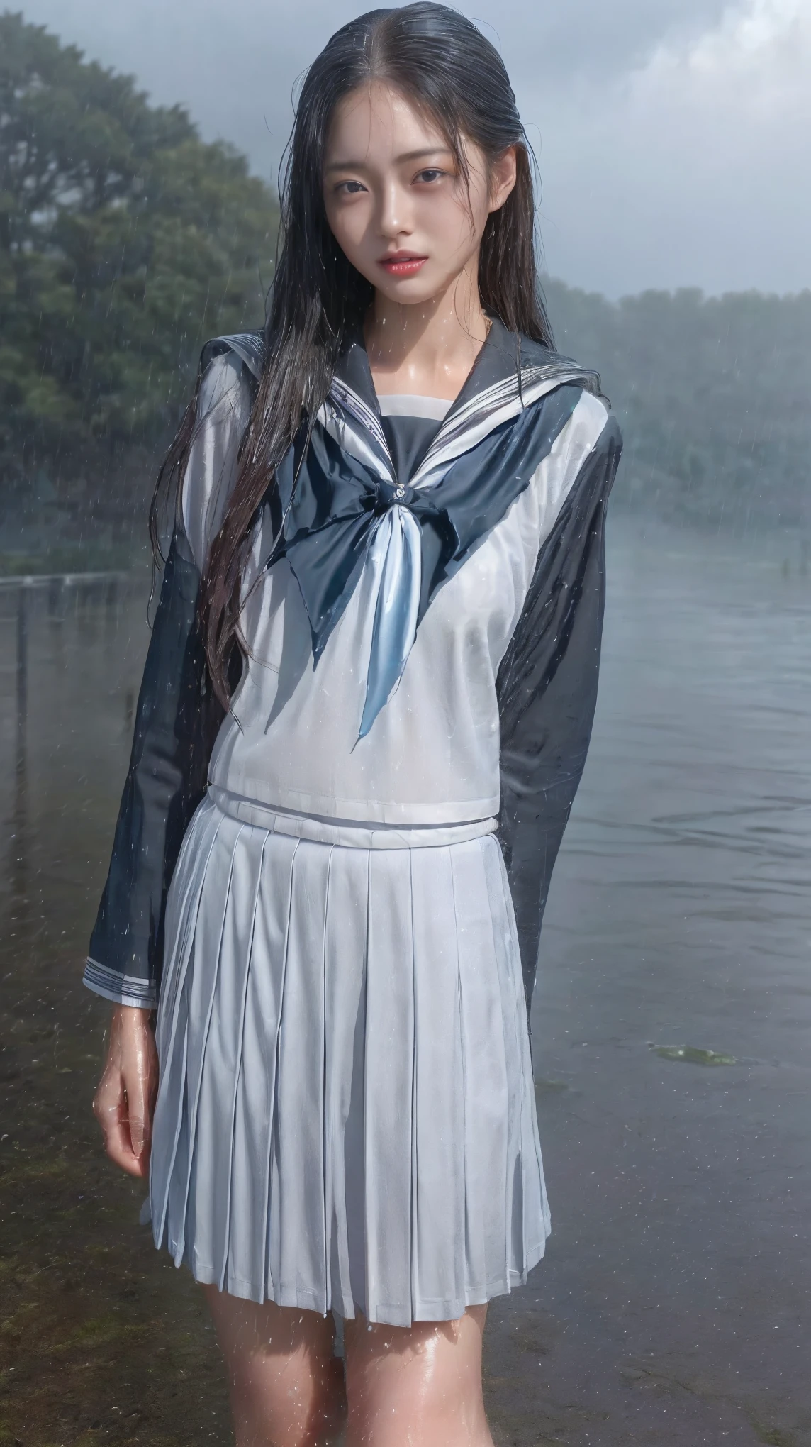 最high quality、high quality、Best image quality、8k、最High resolution、High resolution、最high quality、masterpiece、RAW Photos、whole body写真、Detailed and realistic human body、Detailed and realistic skin、Realistic face in every detail、Realistic reproduction of every detail、Detailed and realistic lips、Detailed and realistic teeth、Detailed and realistic ears、Detailed and realistic hair、Realistic reproduction of every detail、Realistic fingers in every detail、(Beautiful Hands、thumb1reference4)、Realistic feet down to the last detail、Realistic breasts down to the last detail、Realistic areola down to the last detail、Realistic nipples down to the last detail、((Beautiful Japanese Girl))、(Japanese Model)、((18 year old beautiful girl))、(Black Hair)、(Straight hair)、(ponytail)、((whole body))、((Upward beautiful breasts))、(Stylish slim body)、(whole body光沢肌、Fair skin)、((dark cold stormy weather))、((Pouring rain))、((heavy rain))、((School Playground))、Sailor suit、Sailor Skirt、((Pouring rainの中(A girl standing in the center of the schoolyard))、((Wet and see-through(クロップトップSailor suit、ミニSailor Skirt))、((performance(sorrow、dark、Lament、Watery eye))、((Pouring rainを浴びて(Soaked skin from head to toe))、((Rain dripping from the skin))、((Her body lines are clearly visible through her uniform..(Gets wet and sticks to the skin.))、((Rainwater dripping from the uniform))