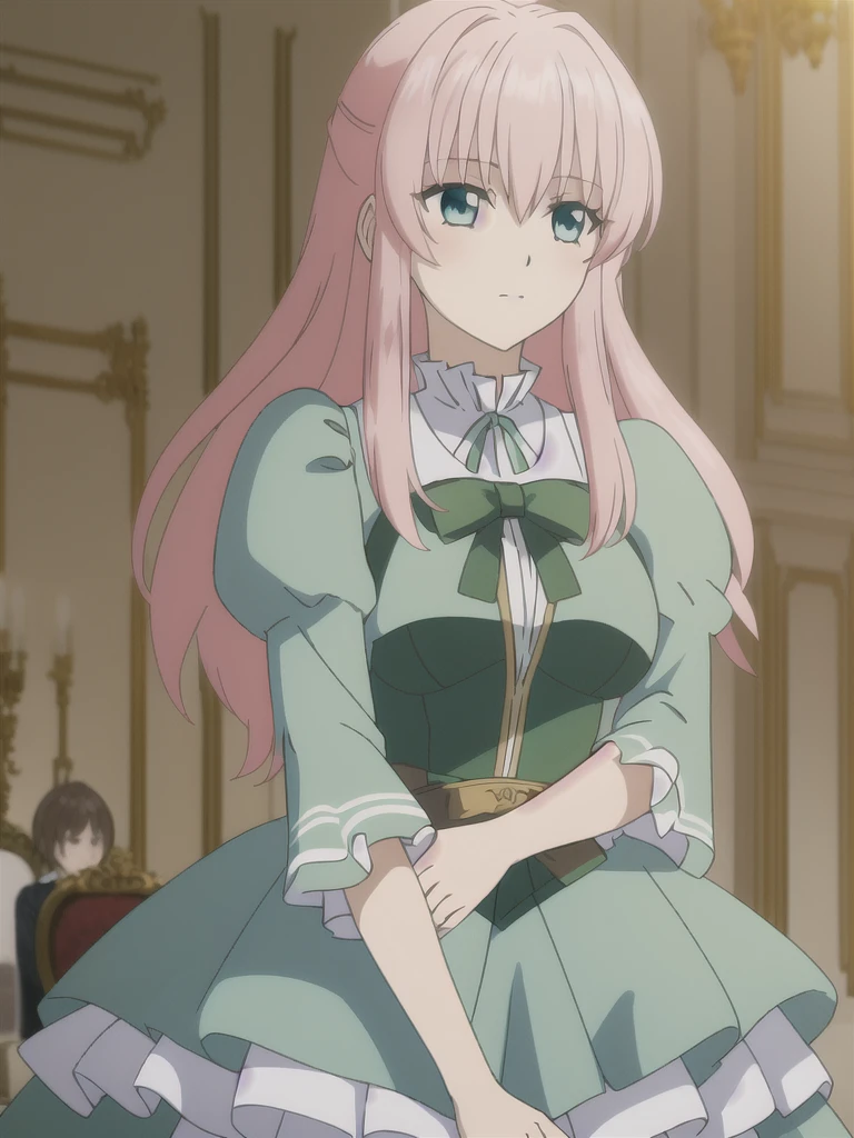 (((Best quality))),((Ultra-detailed)),((illustration)),((Disheveled hair)),((frilld)),(1 girl),
 1girl , blue eyes , blurry , blurry background , blurry foreground , bow , breasts , candlestand , chair , classroom , depth of field , dress , eyebrows visible through hair , figure , green bow , green dress , green skirt , indoors , large breasts , long hair , motion blur , painting \(object\) , photo background , pink hair , puffy sleeves , ribbon , sitting , skirt , solo , v arms 