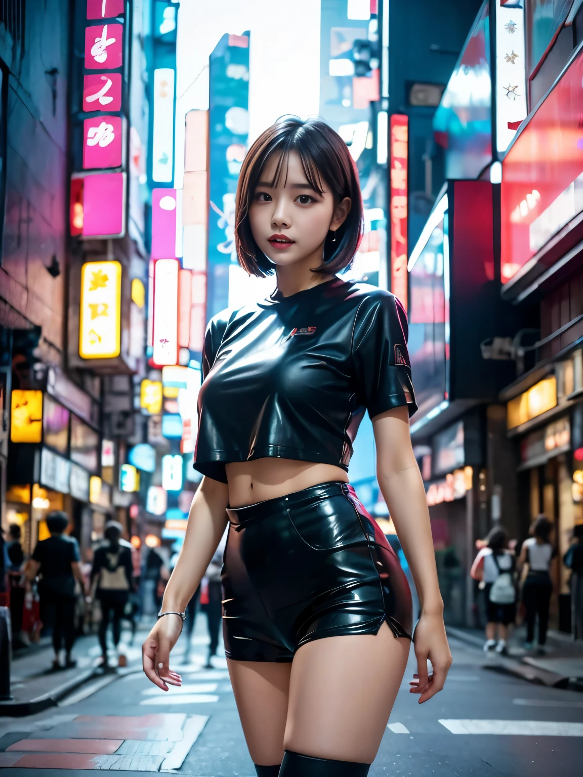 (masterpiece, best quality:1.1), (8k, raw photo, photo realistic:1.2, f22), (shiny skin), detailed skin, medium breast, medium bob hair:1.3, detailed face, detailed eyes, BREAK, real world, intricate details, smil, BREAK, 1girl, full body, (cyberpunk color:1.4, short sleeve:1.3), BREAK, (night city:1.3, cyberpunk city, summer)