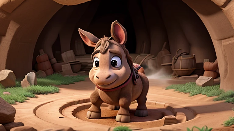 The donkey shaking the dirt off its back, using it to slowly climb into the well.