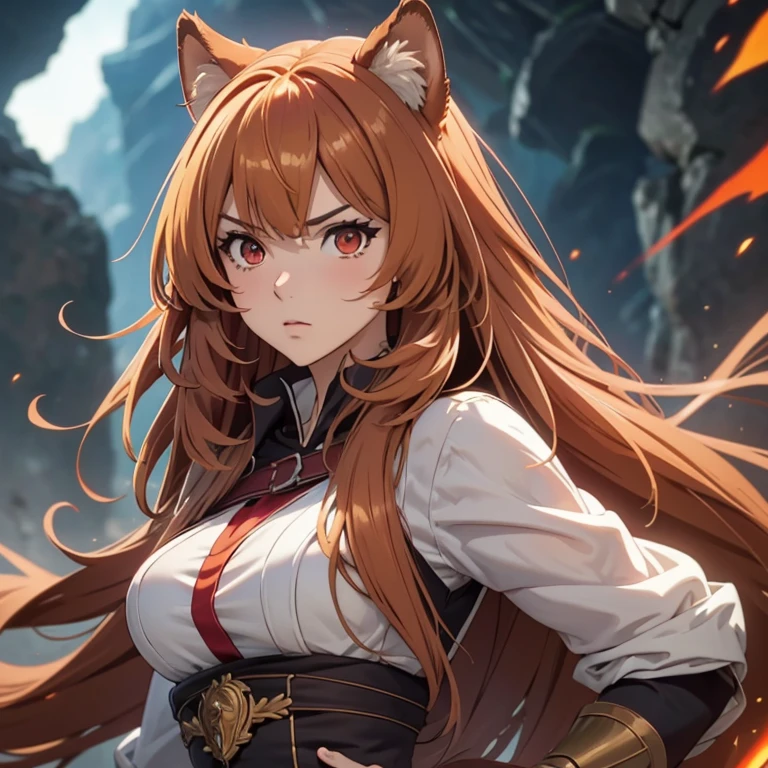 (best quality,ultra-detalhado),(Realistic) Raphtalia, attractive 25 year old woman, orejas de oso, cabello naranja brillante, detailed ruby red eyes pechos grandes, (anime),(retrato),(vermelho e branco),(clear lighting),(armaduras e armas detalhadas), (fierce expression),(Intensa cena de batalha, action-packed),(fantasia),(Olhos determinados),(flowing hair),(dynamic pose),(sharp focus),(vivid colors),(magic effects),(heroic),(epics),(emocional),(cativante),(master part:1.2) cuerpo completo.