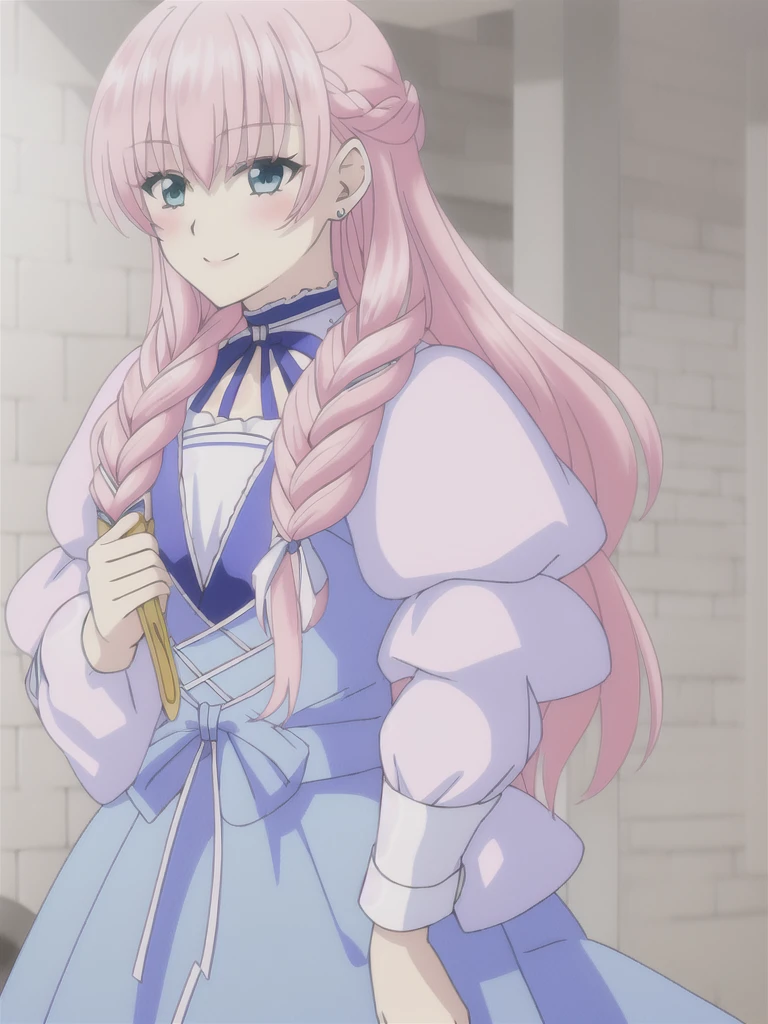 (((Best quality))),((Ultra-detailed)),((illustration)),((Disheveled hair)),((frilld)),(1 girl),
1girl,blue bow,blue eyes,blue ribbon,blush,bow,braid,brick,brick wall,chain-link fence,choker,crossdressing dress,earrings,green eyes,hair bow,honeycomb \(pattern\),honeycomb background,jewelry,long hair,long sleeves,male focus,pink hair,puffy sleeves,ribbon,single braid,smile,solo,tile floor,tile wall,tiles,blue dress
