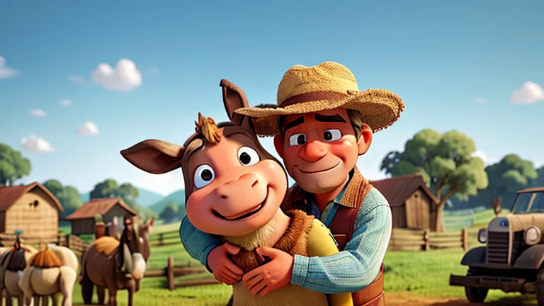 The farmer hugging the donkey with tears in his eyes, in a moment of pure emotion and relief.