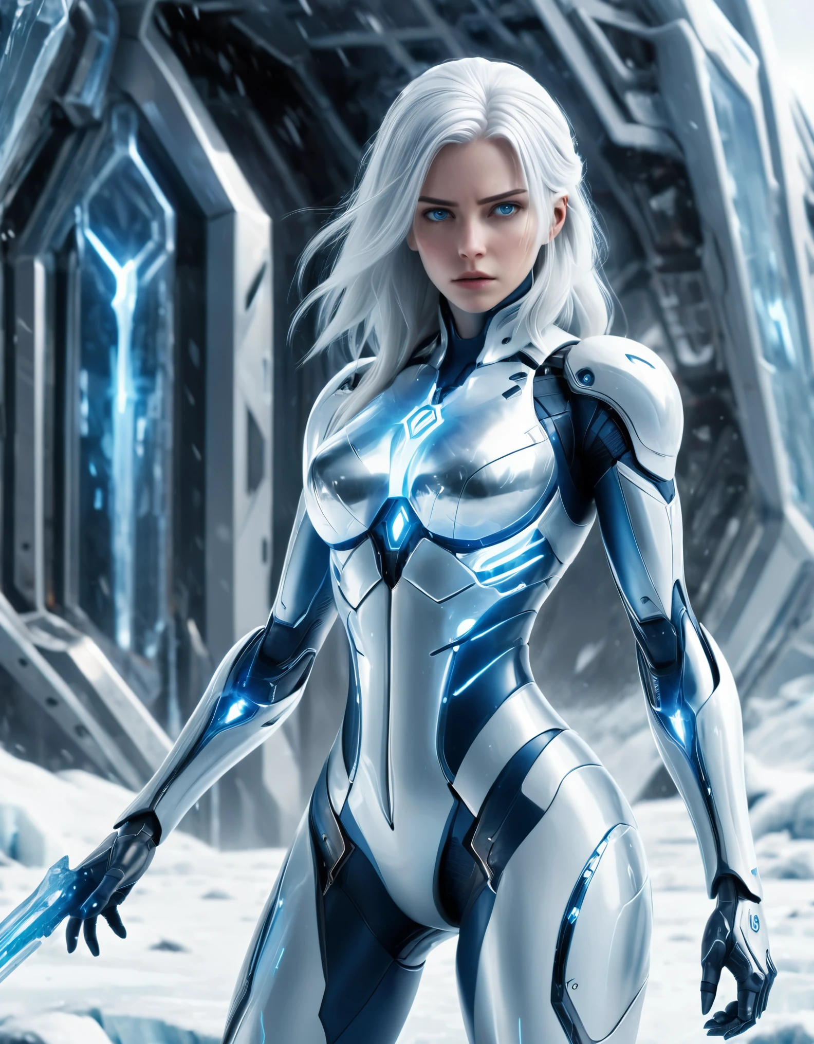 a dynamic and intense scene featuring a fierce-looking female character with flowing white hair, dressed in a futuristic, armored bodysuit. The suit is primarily blue with metallic accents, designed with intricate details and a high-tech appearance. The character is emanating powerful ice and frost from her outstretched hand, with snow swirling around her, indicating that she possesses ice-related abilities. The background suggests an industrial or futuristic setting with muted tones, highlighting the icy action in the foreground. The character's determined expression and the vivid depiction of ice create a sense of urgency and power. photo realistic, 8k, super vibrant color, distant full body shot