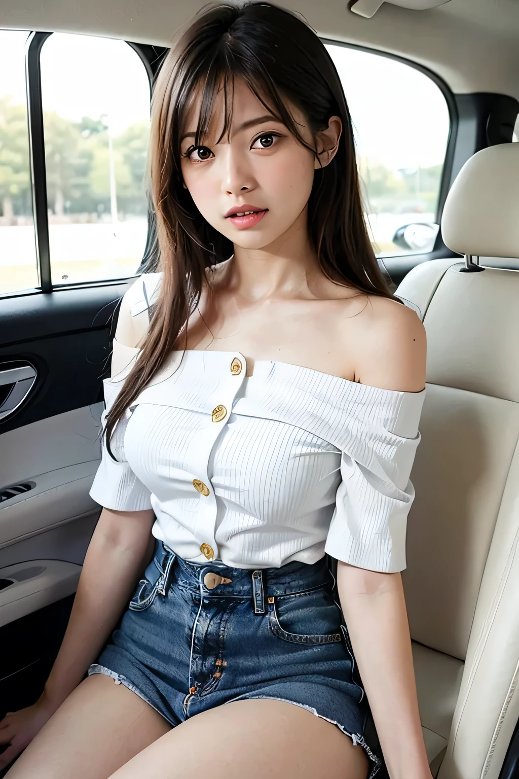 Very detailed CG Unity 8k wallpaper、highest quality、Very detailed、masterpiece、reality、Photorealistic、Very detailedなかわいい女の子、18-year-old、(High school girls:1.7)、((White short-sleeved off-the-shoulder buttoned shirt:1.4))、(((White cotton short sleeve shirt:1.7)))、((Shooting from the front:1.4))、((Dark blue denim mini skirt:1.4))、((Sitting in the passenger seat of a sports car:1.4))、((Confused expression:1.4))、blush、Cleft lip、Looking at the audience、((Cowboy Shot:1.4))、((Straight medium long hair:1.7))、((Black Hair:1.4))、(Beautiful Face:1.3)、(Perfect Proportions:1.2)、(Long legs:1.2)、(Small breasts:1.3)、((Upper Body))、((White panties are visible:1.4))、Angle from below、reality、