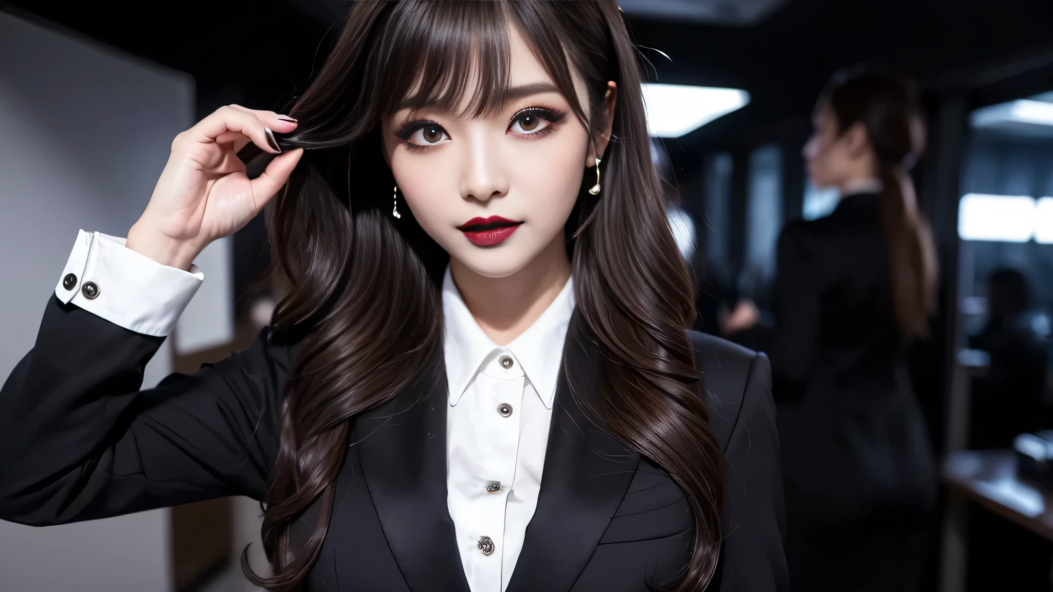best quality、ultra-detailed、4k、Japanese、Seductive beauty、seductive adult woman、Pretty Woman、cool girl、Villainess、Brainwashed、brainwash、Fallen into evil、smirk、Evil look、Wicked Smile、evil、Brown hair、wavy hair、swept bangs、dark makeup、dark makeup、piercing eyes、hollow eyes,half-closed eyes、Hollow Eyes、purple Eyeshadow、black lipstick、black lipglos、office staff suit、suit、Jacket、Black sleeves、White Shirt、Black Ribbon、Tight Skirt、pantyhose、night、inside darkroom、Are standing、shoot from below、Have lipstick、Emblem of Evil、Crest of Darkness、Swear allegiance、I have pledged my allegiance、Dye black、Blackening、Stained with evil、Dyed in darkness、Seduce、Sexy pose