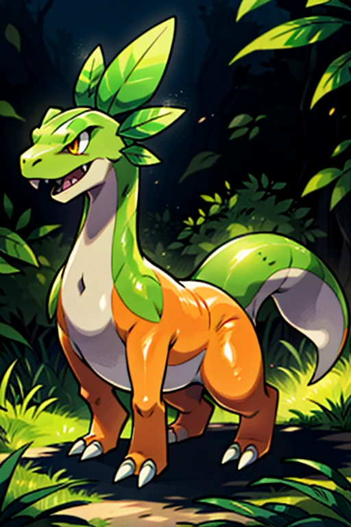masterpiece, best quality, SFW, (safe for work),wide shot,1Digimon, solo, sharp teeth, wide mouth, claws, vaccine type digimon, pink, (An orange bipedal reptile-like digimon, with dinosaur traits, and a leafy crest, resembling Greymon),digimon style,(champion level digimon), dark forest background
