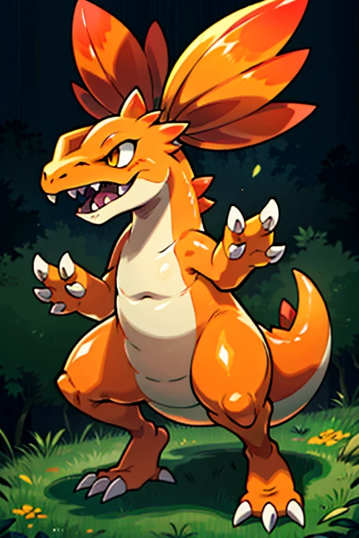 masterpiece, best quality, SFW, (safe for work),wide shot,1Digimon, solo, sharp teeth, wide mouth, claws, vaccine type digimon, pink, (An orange bipedal reptile-like digimon, with dinosaur traits, and a leafy crest, resembling Greymon),digimon style,(champion level digimon), dark forest background