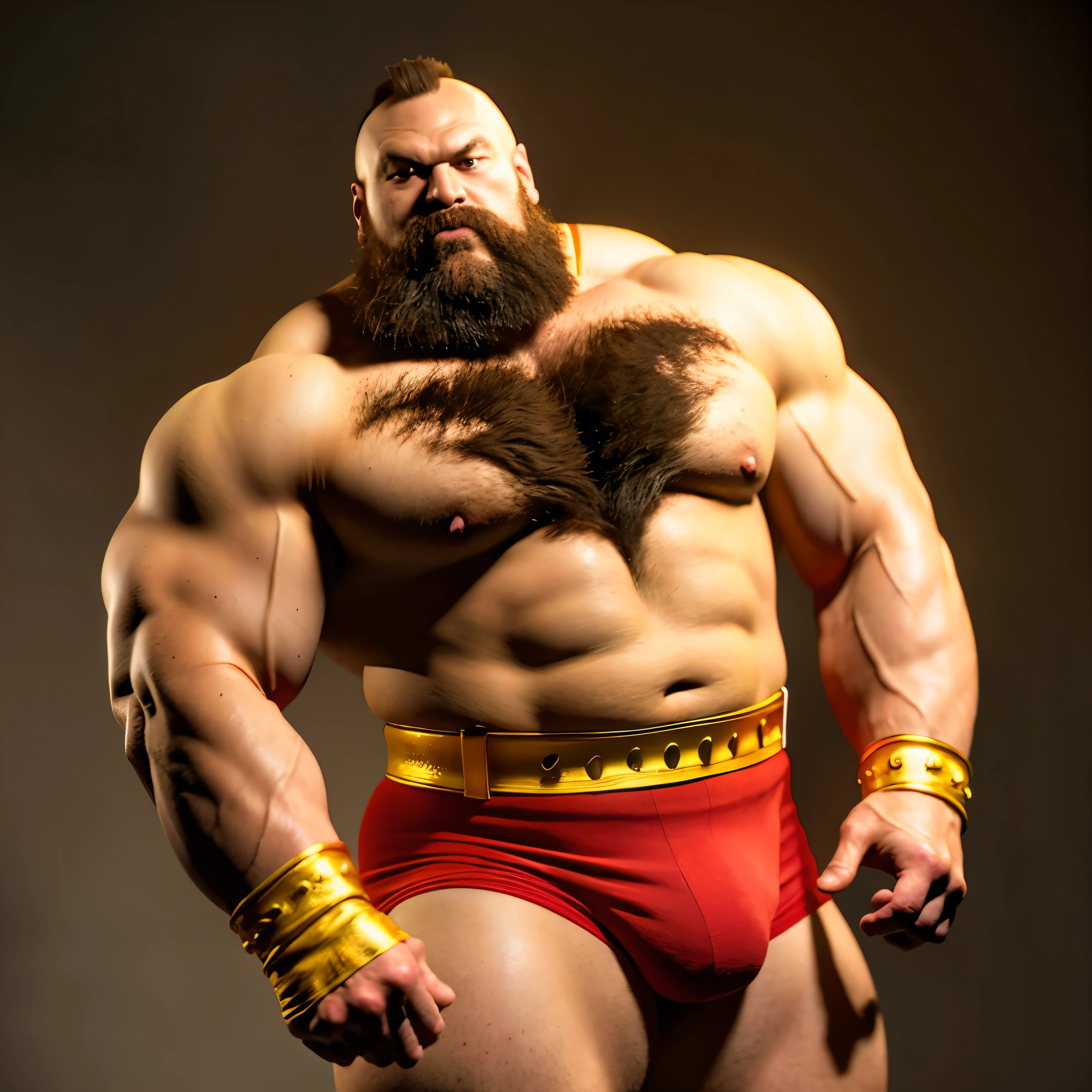 zangief,a man with a beard and a golden belt, fighting game character, street fighter 5,muscled humanoid,heavy looking,buff man,wrestler,Red short briefs,capcom,street fighter,shirtless,muscular male,chest hair,visually weighty,bearded man,mohawk hair,best quality