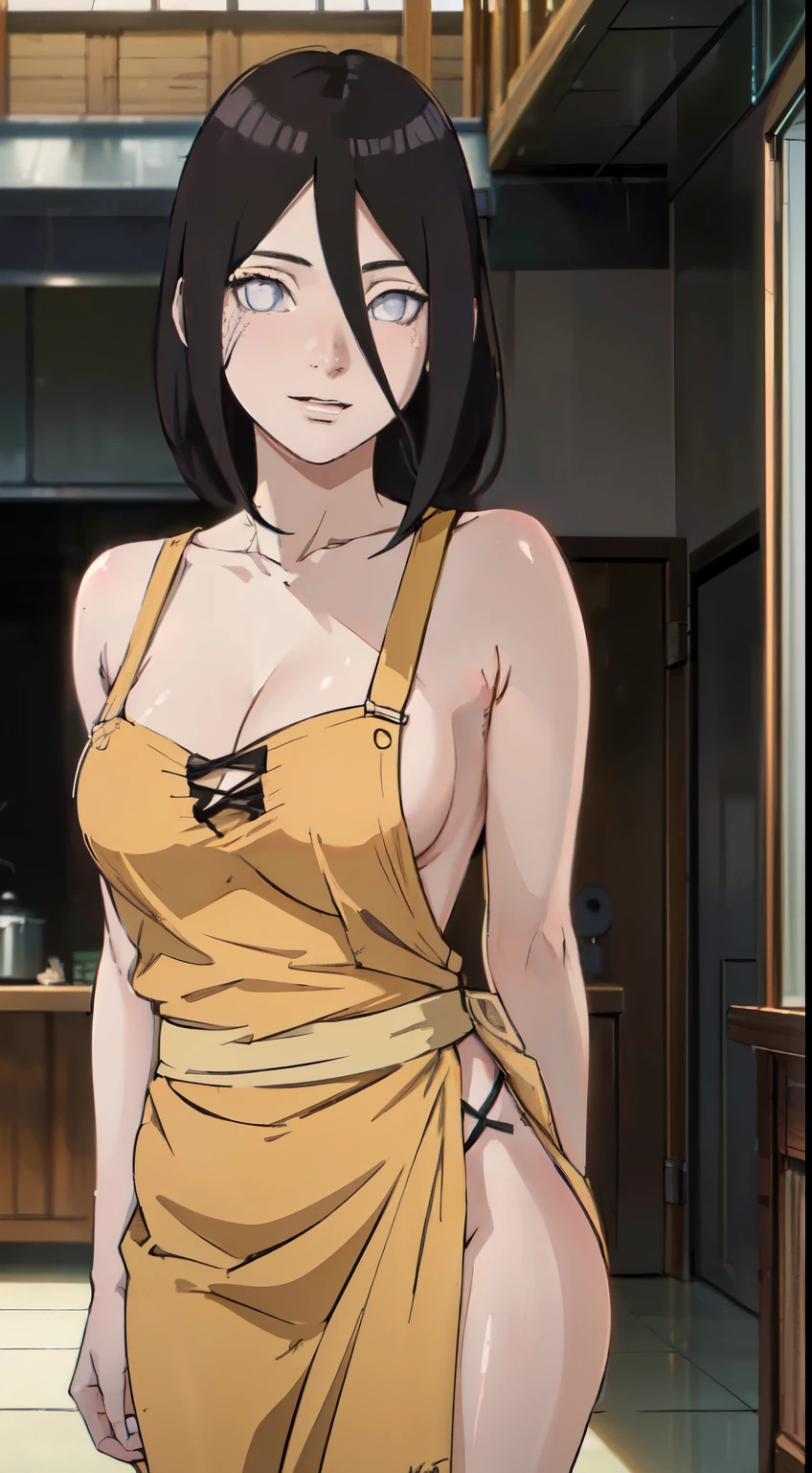 ((((masterpiece, best quality, high resolution)))), 1girl, average breasts, blush, light smile, parted lips, glow, thighs, bare shoulders, collarbone, narrow waist, cleavage, (masterpiece), (beautiful detailed face, beautiful detailed eyes), (naked apron, kitchen, arms behind back,), hanabi\(boruto\)