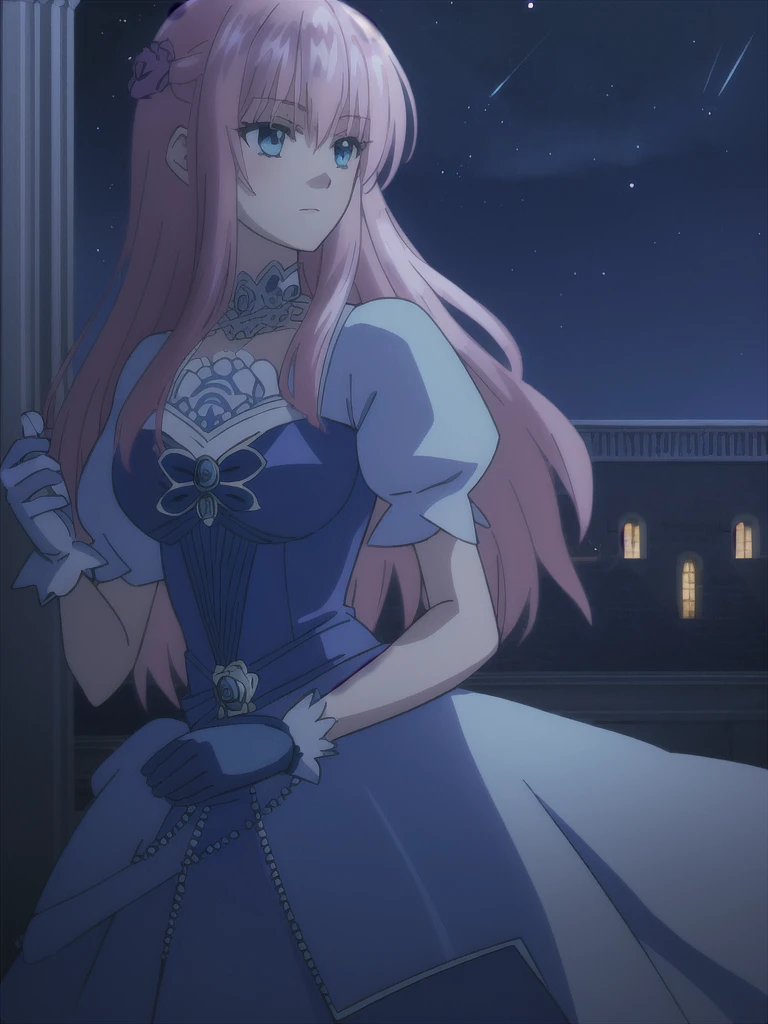 (((Best quality))),((Ultra-detailed)),((illustration)),((Disheveled hair)),((frilld)),(1 girl),
1girl , alcohol , aurora , balcony , blonde hair , blue eyes , blue flower , blue rose , bracelet , cup , curtains , dress , flower , full moon , gloves , hair ornament , jewelry , long hair , milky way , moon , moonlight , necklace , night night sky , pink hair , planet , profile , purple rose , rose , shooting star , sky , solo , space , star \(sky\) , starry sky , window , wine glass