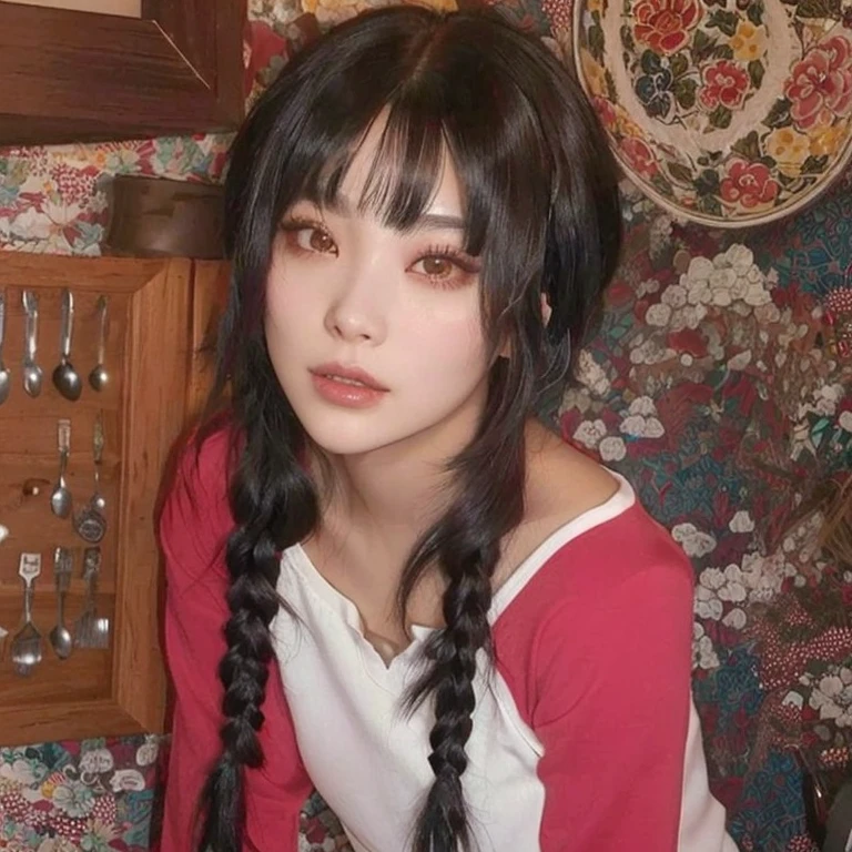 Chica araffe con pelo largo y negro sentada en una cocina., peinado de dos colas, sui ishida con cabello negro, Peinado de coletas, chica idol dr kpop, two Peinado de coletas, con coletas negras, pelo cortado hime negro, seulgi de red velvet
