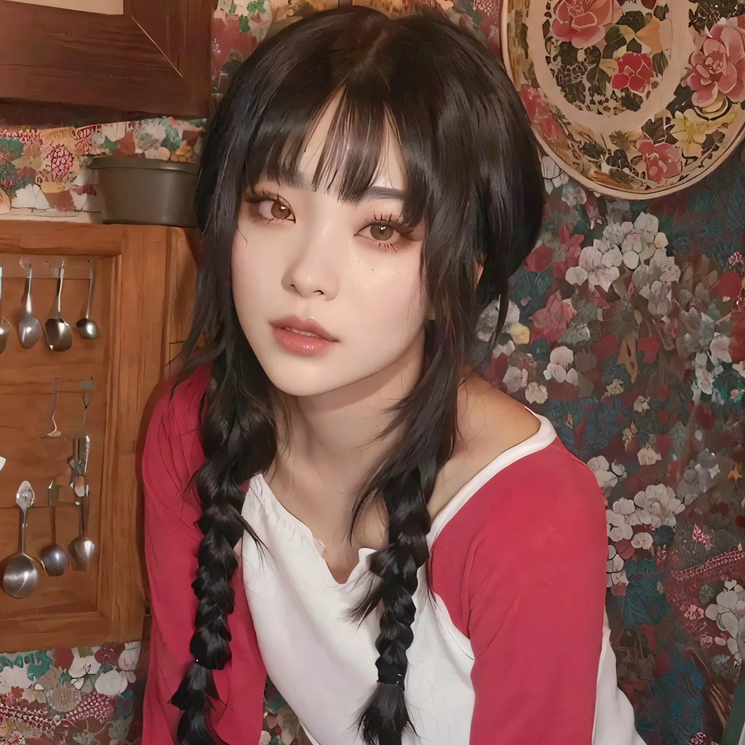 Chica araffe con pelo largo y negro sentada en una cocina., peinado de dos colas, sui ishida con cabello negro, Peinado de coletas, chica idol dr kpop, two Peinado de coletas, con coletas negras, pelo cortado hime negro, seulgi de red velvet 