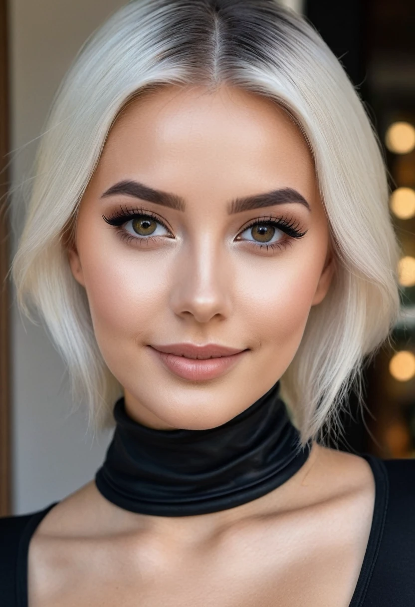 hyperrealistic beautiful busty 18-year-old women with long legs wearing bodycon leather turtleneck shirt and spandex leggins, model shooting full body photography, dyed white hair with classic bun, dark eye makeup with eyeliner, seductive smile, small necklace, 8K, Best quality, Meisterwerk, ultra high resolution, (Realismus: 1.4), Originalfoto, (realistische Hautstruktur: 1.3), (Filmkorn: 1.3), (Selfie-Winkel), 1 girl, Beautiful round hazel eyes and facial details, Meisterwerk, Best quality, looking through a patio door