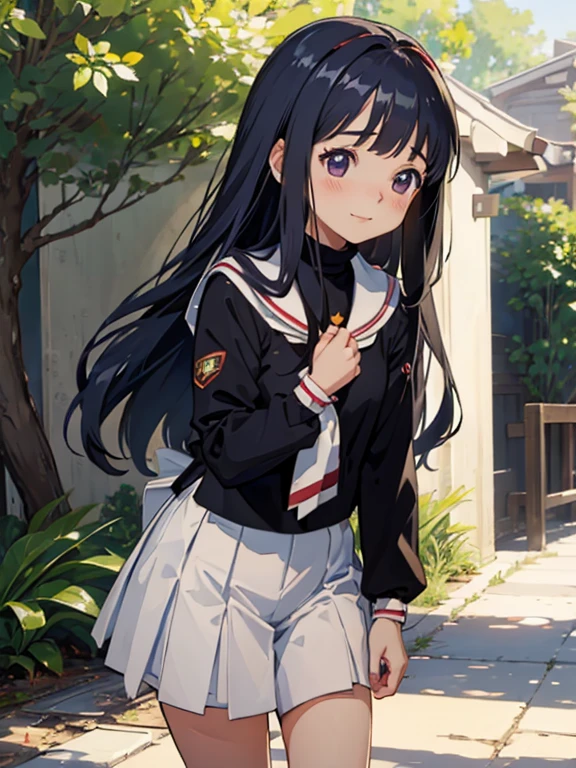 (((masterpiece))) ( Background : outdoor theme : bright : crowded cuty ) ( character : Tomoyo : long smooth hair : fit body : lolicon : small breast : innocent smile : wearing  )