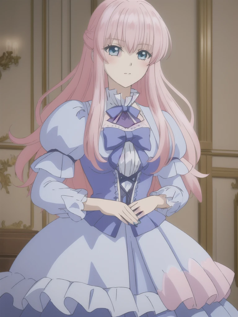 (((Best quality))),((Ultra-detailed)),((illustration)),((Disheveled hair)),((frilld)),(1 girl),
 1girl , blue eyes , blue nails , bow , dress , frills , heart , indoors , long hair , pink hair , puffy short sleeves , puffy sleeves , short sleeves , skirt , solo 