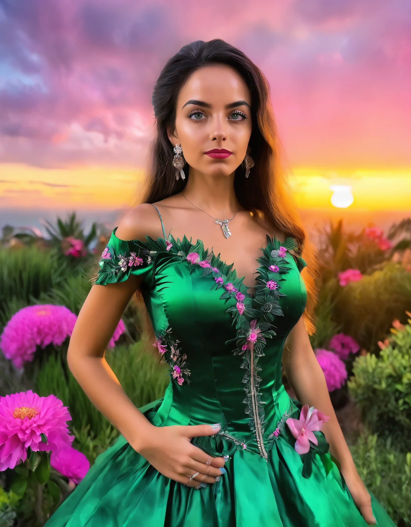 vibrante, luzes coloridas, jardim exuberante, vestindo um vestido verde esmeralda, posing with confidence and elegance, flawless skin, mesmerizing sunset, borboletas brilhantes voando ao redor, tons de verde e rosa, exotic flowers in the foreground, olhos expressivos e penetrantes.