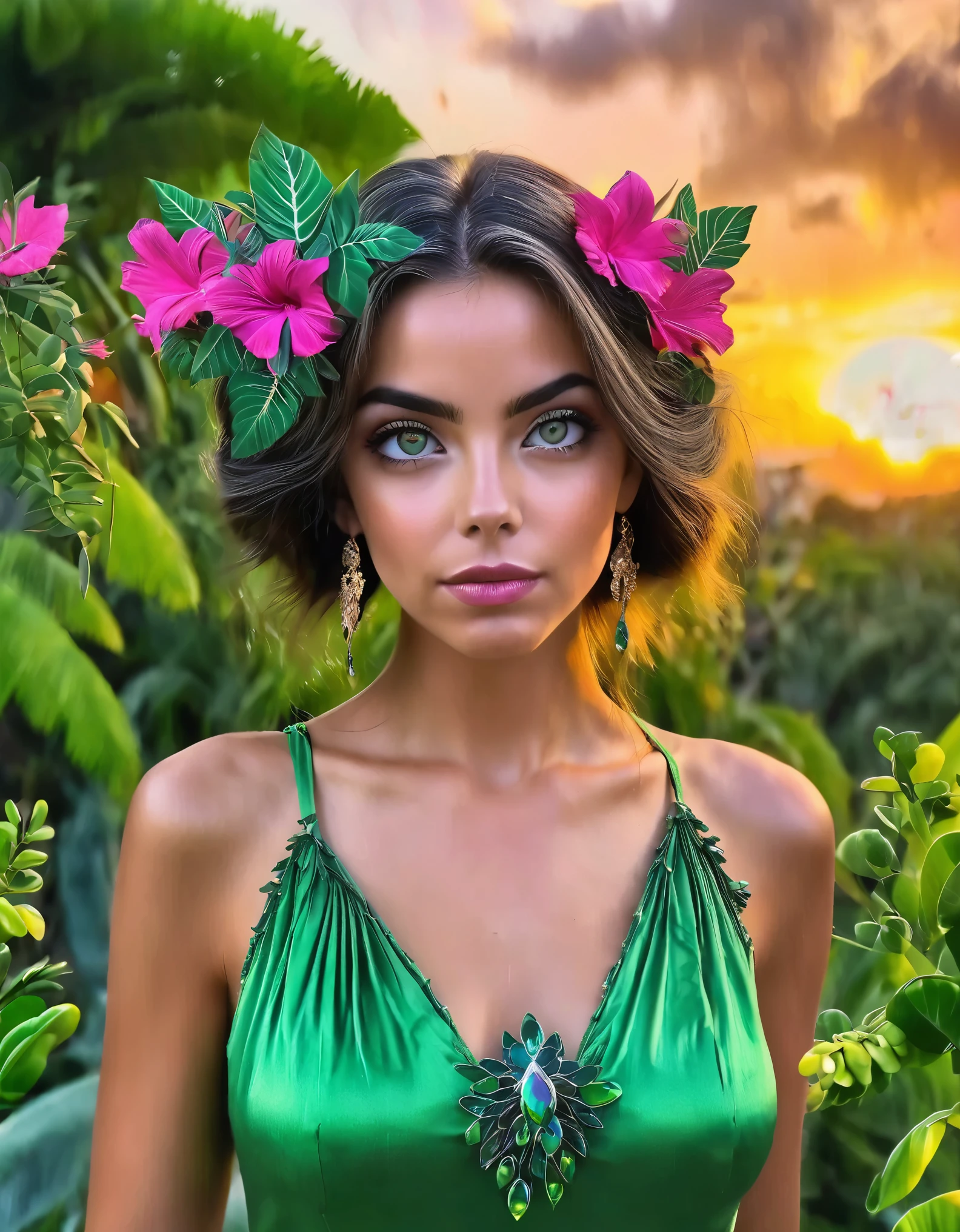 vibrante, luzes coloridas, jardim exuberante, vestindo um vestido verde esmeralda, posing with confidence and elegance, flawless skin, mesmerizing sunset, borboletas brilhantes voando ao redor, tons de verde e rosa, exotic flowers in the foreground, olhos expressivos e penetrantes.