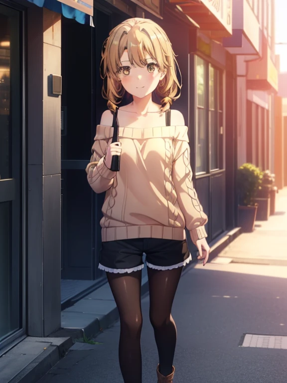 irohaisshiki, iroha isshiki, long hair, brown hair, (brown eyes:1.5), smile,blush,short braided hair,ponytail,off shoulder sweater,bare shoulders,naked neck,bare clavicle, oversized sweater, oversized sweater, shorts,black pantyhose,short boots,Morning Day,morning,the sun is rising,walking,,
break outdoors, building street,In town,
break looking at viewer,
break (masterpiece:1.2), highest quality, High resolution, unity 8k wallpaper, (figure:0.8), (detailed and beautiful eyes:1.6), highly detailed face, perfect lighting, Very detailed CG, (perfect hands, perfect anatomy),