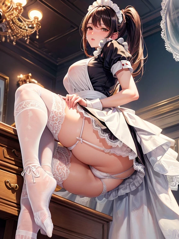 (adult woman:1.3)、exact number of fingers、Exact number of legs、Exact number of arms、bangs, Ribbon ponytail, brown hair, (blush:1), (He is looking back with his hands on the desk:1), (doggeystyle:1.1), ((stylish maid clothes:1.4)), ((Stylish underwear with many luxurious decorations:1.3), (White horizontal lace panties with a lot of lace:1.3)), garter belt、knee socks、 beautiful big breasts, slender body, (flip the skirt yourself:1.4), highest quality, High resolution, highly detailed face, perfect lighting, Very detailed CG, (perfect hands, perfect anatomy), embarrassed expression, whole body,