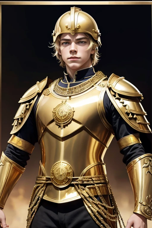 Ross Lynch, tarot card, roman soldier in gold armor, gold chest plate, gold helmet, gold galea, gold background, front-facing