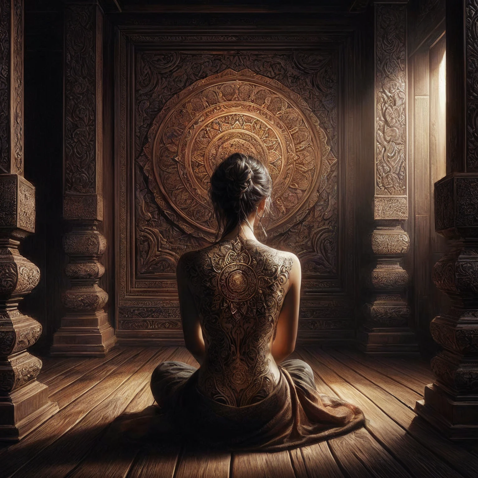 Arafed woman sitting in a room with a large decorated wall, zen meditation cyberpunk, enlightenment. Kompliziert, in ihrem Tempel, a stunning portrait of a goddess, inspiriert von Kerembeyit, mystical feeling, beautiful digital artwork, thailand art, Tithi Luadthong, art nouveau octane render, Unreal Engine-Rendering + a goddess, Samsara, Hindu aesthetics