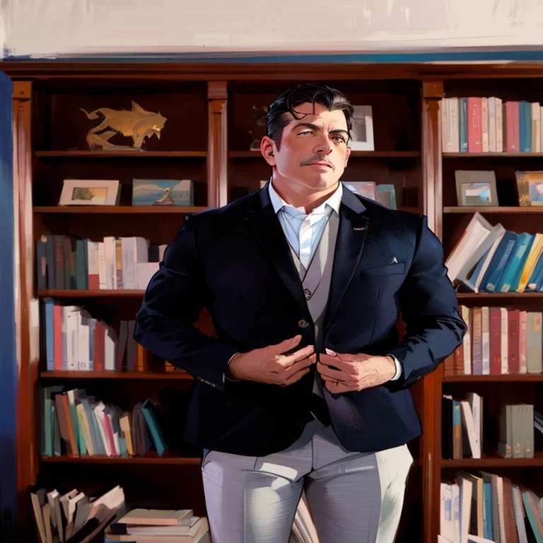 Arafed man in suit standing in front of a bookshelf, Jeremy Lipkin, arte mixto, David Rubin, inspired by david rubín, edward rucha, inspired by Joaquín Torres García, raphael personnaz, retrato de cuerpo entero, christian orrillo, Dale Cooper, Scott Fischer, agent cooper, promotion still, foto de cuerpo completo