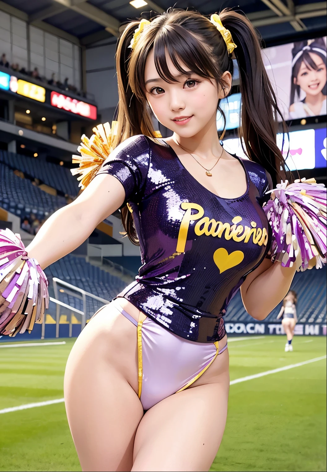 (highest quality,masterpiece:1.3,Ultra-high resolution),(Very detailed、Caustics) (Realistic:1.4, RAW shooting、)Ultra-Realistic Capture、Very detailed、Natural skin texture、masterpiece、(Japanese girl in purple and yellow sequin cheerleader outfit:1.3)、Adorable expression、Expressions of happiness、14 years old、Height: 160cm、Young Face、Amazingly cute、Twin tail hairstyle、Straight hair、Scrunchie、necklace、Black Hair、light makeup、G-cup big breasts、Bare arms、Shining thighs、Shining ass、Shooting at the stadium、Background in detail、Silk panties are visible、smile、An inviting gaze、Anatomically correct、Cowboy Shot、Attention to detail、Pose that emphasizes the legs、