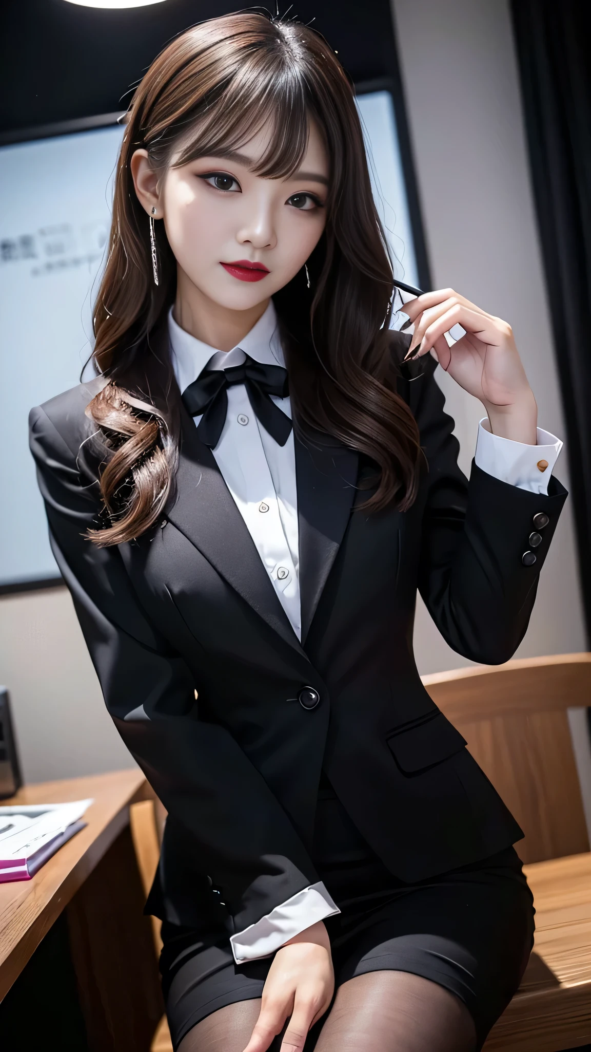best quality、ultra-detailed、4k、Japanese、Seductive beauty、seductive adult woman、Pretty Woman、cool girl、Villainess、Brainwashed、brainwash、Fallen into evil、smirk、Evil look、Wicked Smile、evil、Brown hair、wavy hair、swept bangs、dark makeup、dark makeup、piercing eyes、hollow eyes,half-closed eyes、Hollow Eyes、purple Eyeshadow、black lipstick、black lipglos、office staff suit、suit、Jacket、Black sleeves、White Shirt、Black Ribbon、Tight Skirt、hose、night、inside darkroom、Are standing、shoot from below、Have lipstick、Emblem of Evil、Crest of Darkness、Swear allegiance、I have pledged my allegiance、Dye black、Blackening、Stained with evil、Dyed in darkness、Seduce、