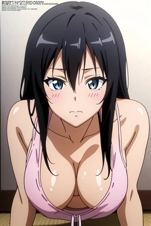 (masutepiece, Best Quality, High resolution, anime colours, megami magazine:1.2, anime poster style, anime keyvisual, sharp, 8k, photorealistic), (beautiful eyes:1.5, beautiful face), Kotegawa Yui, 1girl, solo, Cute, (Long Black Hair), (sagging large breasts:1.5), (loose blouse, no bra), (cleavage:1.5), (all fours, cowboy shot), (Perfect detailed Anatomy, beautiful detailed hair, perfect detailed body:1.2, shiny skin), (thick outline, Beautiful outlines, black outlines), simple background,