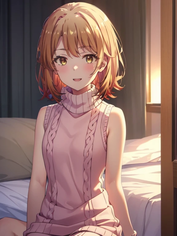 irohaisshiki, Iroha Isshiki, short hair, brown hair, (Brown eyes:1.happy smile, smile, Open your mouth,),,virgin killer sweater, Sleeveless turtleneck, Sweater dress, aran sweater, (Side bust), Red sweater, barefoot,Sitting on the bed,Sexy pose,Pink proof,
break indoors, Bedroom,
break looking at viewer,whole body, (Cowboy Shot:1. 5),
break (masterpiece:1.2), highest quality, High resolution, unity 8k wallpaper, (shape:0.8), (Beautiful details:1.6), Highly detailed face, Perfect lighting, Extremely detailed CG, (Perfect hands, Perfect Anatomy),