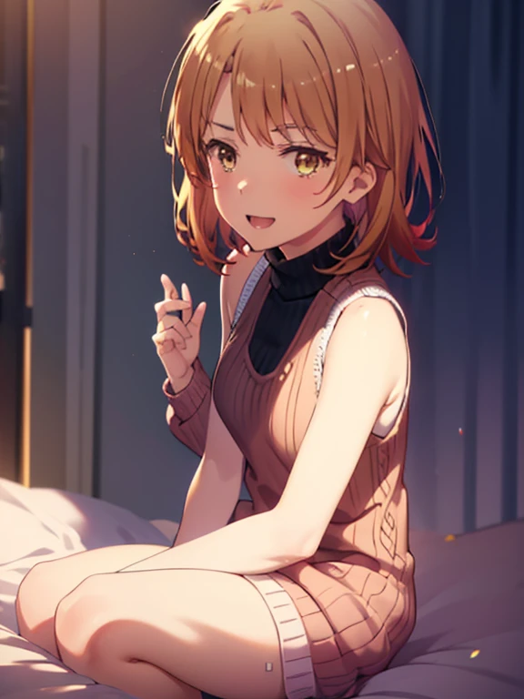 irohaisshiki, Iroha Isshiki, short hair, brown hair, (Brown eyes:1.happy smile, smile, Open your mouth,),,virgin killer sweater, Sleeveless turtleneck, Sweater dress, aran sweater, (Side bust), Red sweater, barefoot,Sitting on the bed,Sexy pose,Pink proof,
break indoors, Bedroom,
break looking at viewer,whole body, (Cowboy Shot:1. 5),
break (masterpiece:1.2), highest quality, High resolution, unity 8k wallpaper, (shape:0.8), (Beautiful details:1.6), Highly detailed face, Perfect lighting, Extremely detailed CG, (Perfect hands, Perfect Anatomy),