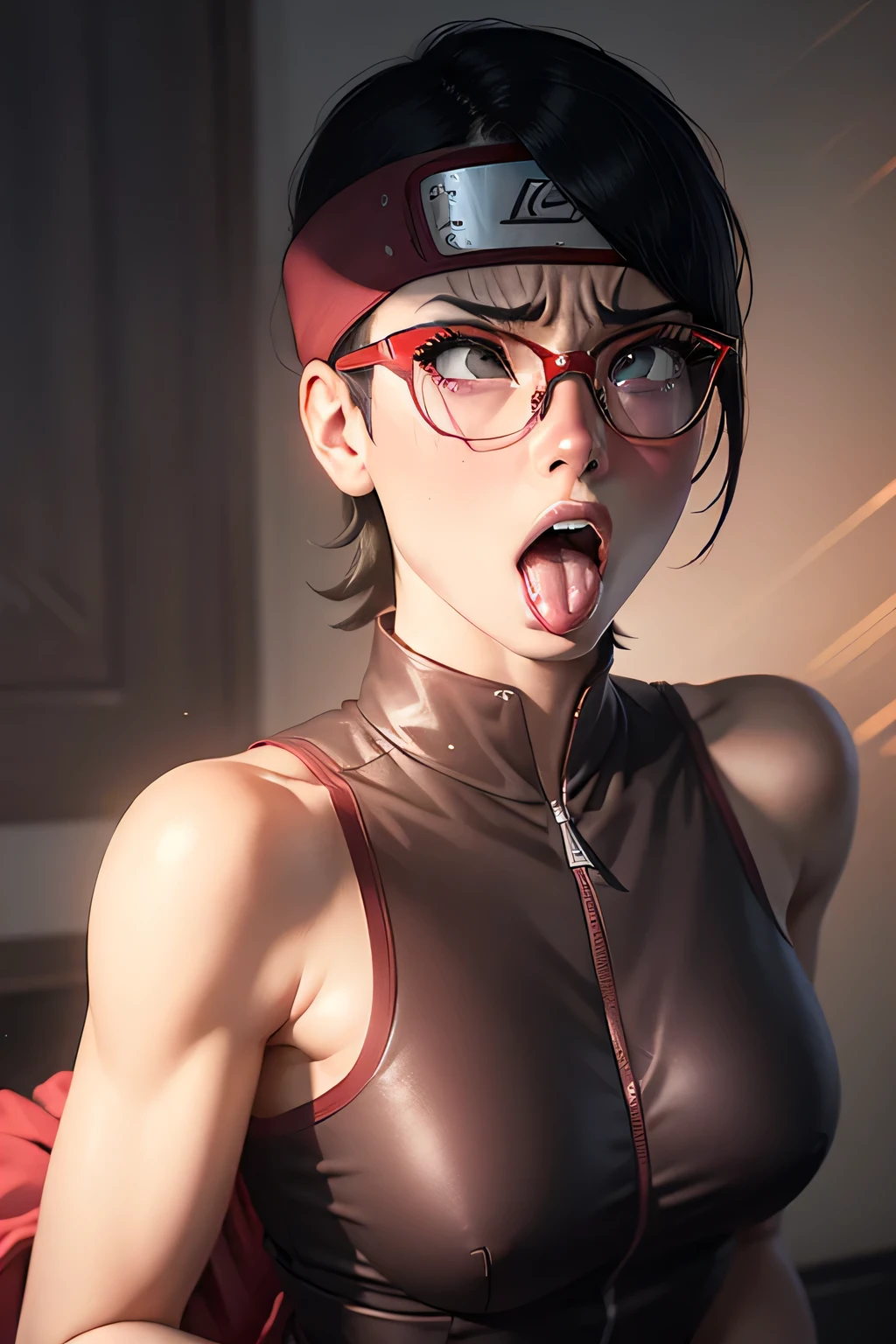 (highres,masterpiece:1.2),ultra-detailed,realistic,professional,beautiful detailed eyes,beautiful detailed lips,dark hair,short black hair,red glasses,stunning black eyes,clear skin,18-year-old girl,fashionable short hairstyle,vibrant red glasses,Shinobi Academy,fierce determination,confident posture,crimson outfit,intense gaze,background filled with ninjutsu techniques,shadows cleverly accentuating her features,subtle studio lighting,sublime realism,striking color tones, open mouth, tounge out,