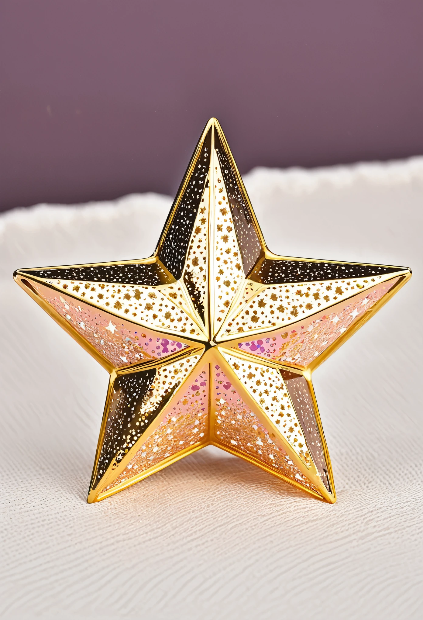 Quiero un centro de oro que en la parte superior tenga una media luna y en el medio tenga una estrella de cristal rosa y en la parte de abajo una estreya dorada