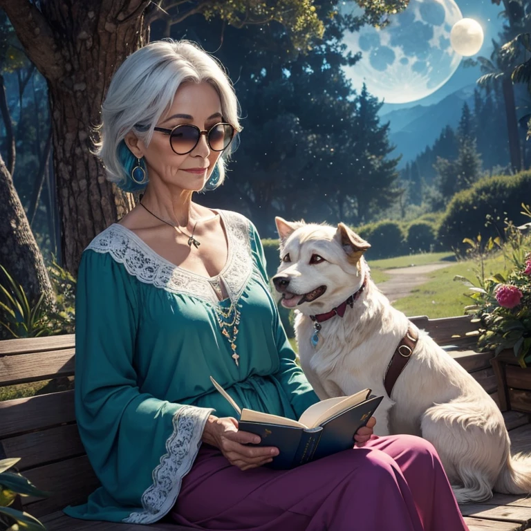 whimsical wet oil colored and airbrushed image of a 70 year old woman, pelo corto, gafas redondas, estilo boho, sentada en el suelo, reading a magical and luminous book to his black bobtail dog,  fondo, caprichoso, bosque. por la noche, la luna y las estrellas se iluminan. colores dulces.