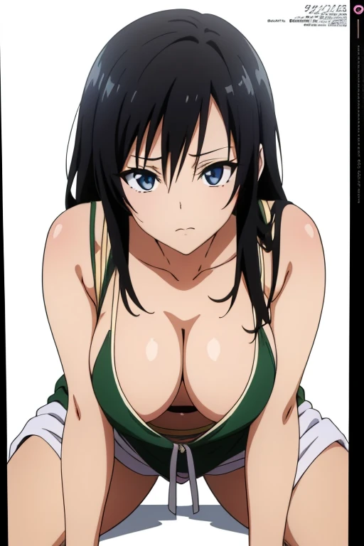 (masutepiece, Best Quality, High resolution, anime colours, megami magazine:1.2, anime poster style, anime keyvisual, sharp, 8k, photorealistic), (beautiful eyes:1.5, beautiful face), Kotegawa Yui, 1girl, solo, Cute, (Long Black Hair), (sagging large breasts:1.5), (loose camisole, no bra), (cleavage:1.5), (all fours, cowboy shot), (Perfect detailed Anatomy, beautiful detailed hair, perfect detailed body:1.2, shiny skin), (thick outline, Beautiful outlines, black outlines), simple background,