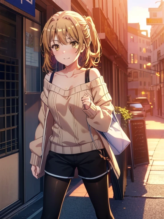 irohaisshiki, iroha isshiki, long hair, brown hair, (brown eyes:1.5), smile,blush,short braided hair,ponytail,off shoulder sweater,bare shoulders,naked neck,bare clavicle, oversized sweater, oversized sweater,  shorts,black pantyhose,short boots,Morning Day,morning,the sun is rising,
break outdoors, building street,In town,
break looking at viewer,
break (masterpiece:1.2), highest quality, High resolution, unity 8k wallpaper, (figure:0.8), (detailed and beautiful eyes:1.6), highly detailed face, perfect lighting, Very detailed CG, (perfect hands, perfect anatomy),