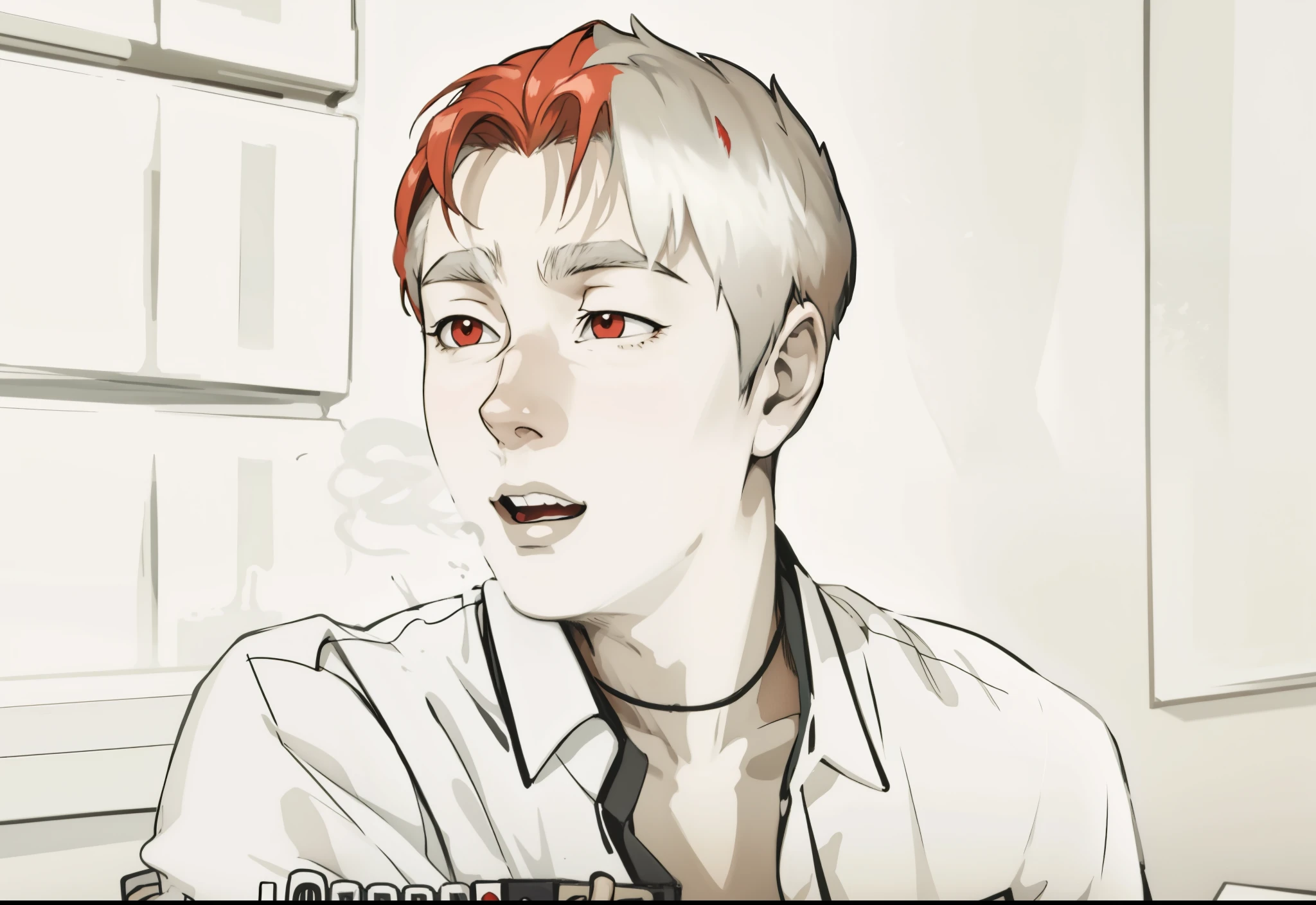 beautiful 17 year old boy is surprised talking to someone with red hair