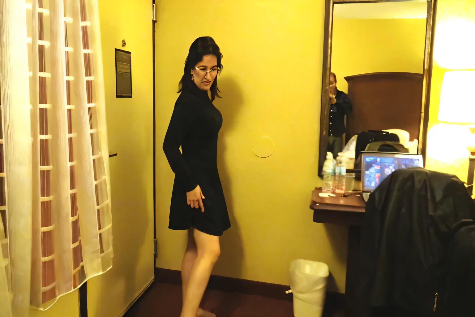 In the image, a beautiful Brazilian woman with white skin, medium-length dark brown hair, loose hair, is in a hotel room with wooden furniture and yellow walls, standing in a room with a mirror, standing in the corner of the room, standing and posing elegantly, standing in front of a mirror, wearing a black dress, side pose, full body photo, elegant pose, posing elegantly, side view of her taking steps, standing in a dimly lit room, full body. She is wearing a black dress with long sleeves and a wide skirt. The woman is posing with one hand on her hip and the other resting on her thigh. Her gaze is directed towards the camera and she has a slight smile on her face. Next to her is a floral print bag, suggesting that she might go out for the night or come home from work. The room appears to be well lit, possibly from natural light coming from outside the image frame, wearing a black dress, full pose, full body shot, wide full body shot, wearing a dark dress, striking a sassy pose, side pose , standing and posing elegantly, full body photo!!, posing!!. She is around 40 years old, 162 cm tall and weighs 56 kg. Her body exudes glamor and her face is a definition of beauty. Slender body, thin waist. Highly realistic, hyperrealism, very elaborate skin, high quality photo. Sharp Photo, High Resolution, High Quality, Masterpiece, 16K Photo, Sharp Photo, High Contrast, Masterpiece, (Photographically Realistic), NUDE, NUDITY, NFSW.