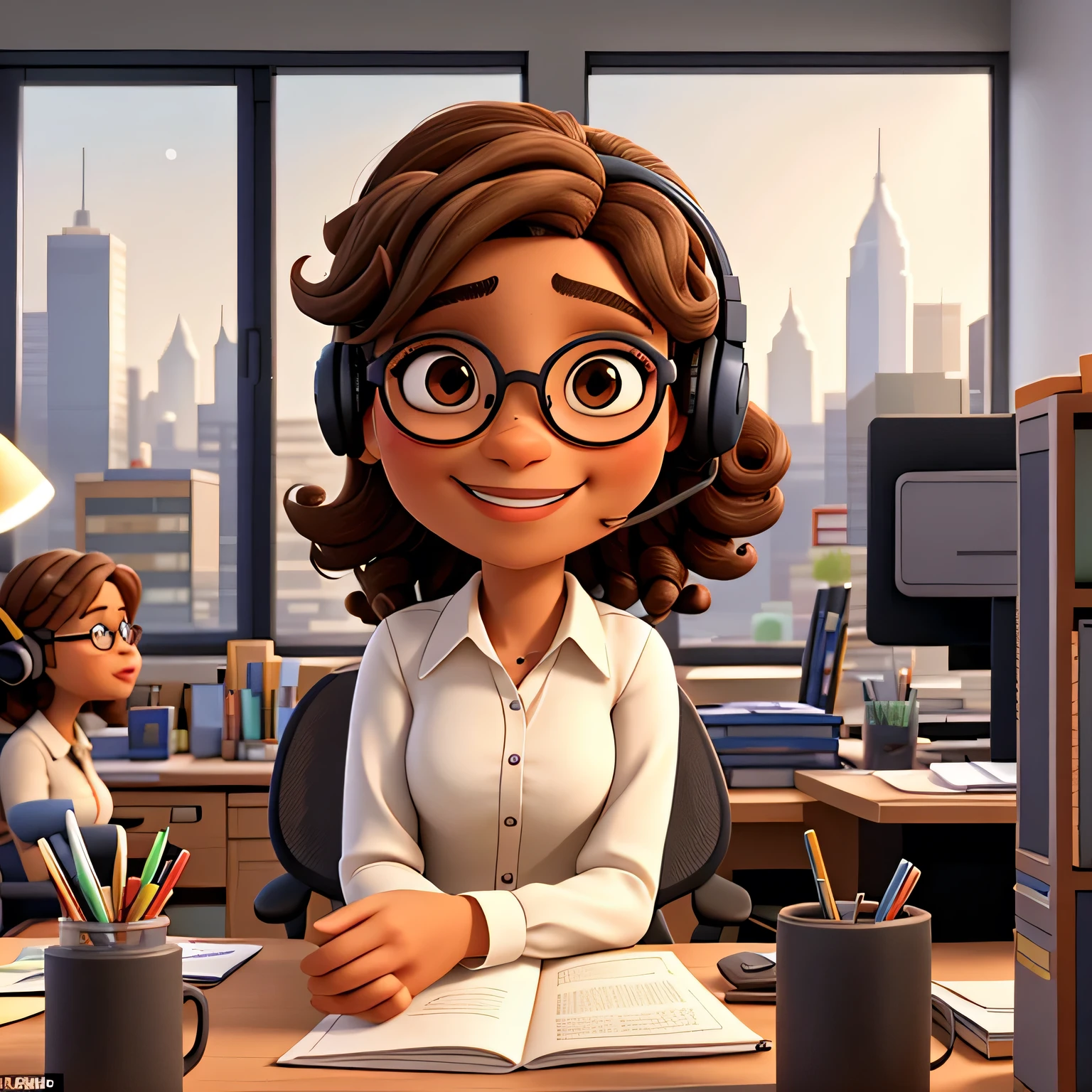 Specifics: - The avatar has light brown curly hair, black power style, and is alone in her office with glass windows showing the city in the background. - Female character with light brown skin. - The character wears large, round glasses. - She has a friendly expression with a slight smile. - The avatar is wearing a white blouse. - The background is an office with glass windows showing the city, she is sitting in her chair at an office desk with telemarketing headphones