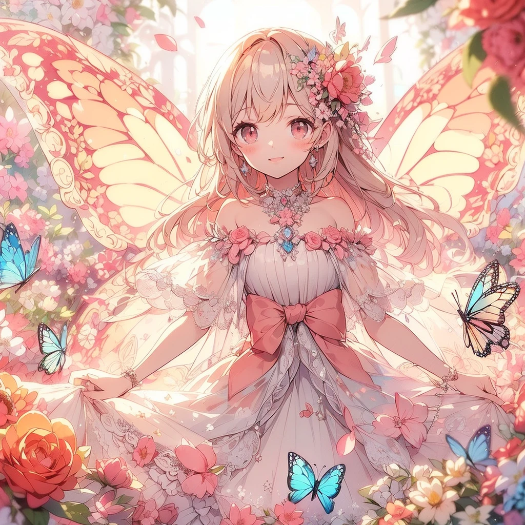 (Exquisite, beautiful, Very detailed, masterpiece, High resolution,high quality,High resolution),(Well-formed face,Soft and thin lines: 1.2, beautiful, Delicate and vivid illustrations with a mature and clear feel), A fairy princess with butterfly-like wings is walking with a smile in a gorgeous garden filled with flowers.,whole body,Princess's Castle,flower,flower petals,(Transparent fairy wings grow from your back), (Dazzling Smile), (tiara, Earrings, choker), Ball Gown Dress,Ribbons, lace and frills, (Pale pink blush, Plump pink lips,Large Bust,Fair skin, Good style),Bright colors,Eye-catching colors,Dynamic Angles