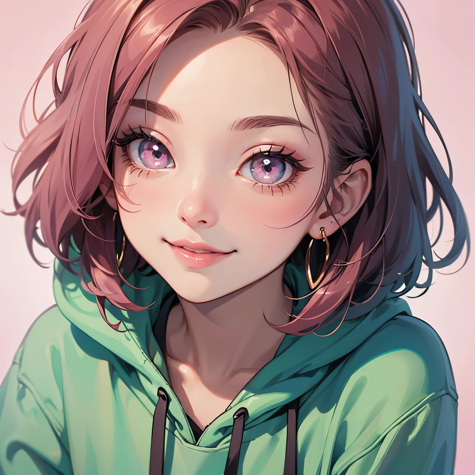 portrait of a girl in pink long hair, cute, cool pose, selfie, masterpiece, highly detailed, best quality, sharp focus, soft lighting, limited color palette, pastel colors, cute, ((kawaii)), dark skin,
(Panchen: 1.3), smile, solo, close up,
dark brown hoodie, blue shorts,
Pink eyes, (pink hair: 0.6), (blue hair: 0.8), (gradient hair: 0.6), short hair, Bratis, anime, style