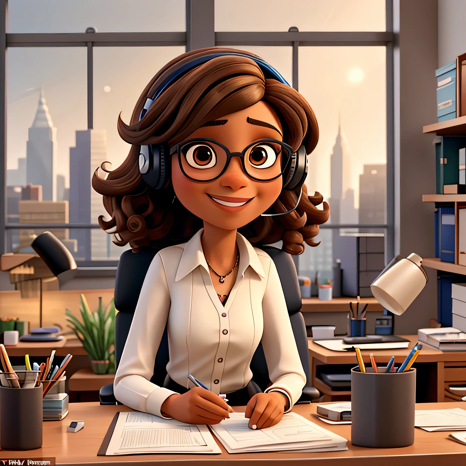 Specifics: - The avatar has light brown curly hair, black power style, and is alone in her office with glass windows showing the city in the background. - Female character with light brown skin. - The character wears large, round glasses. - She has a friendly expression with a slight smile. - The avatar is wearing a white blouse. - The background is an office with glass windows showing the city, she is sitting in her chair at an office desk with telemarketing headphones