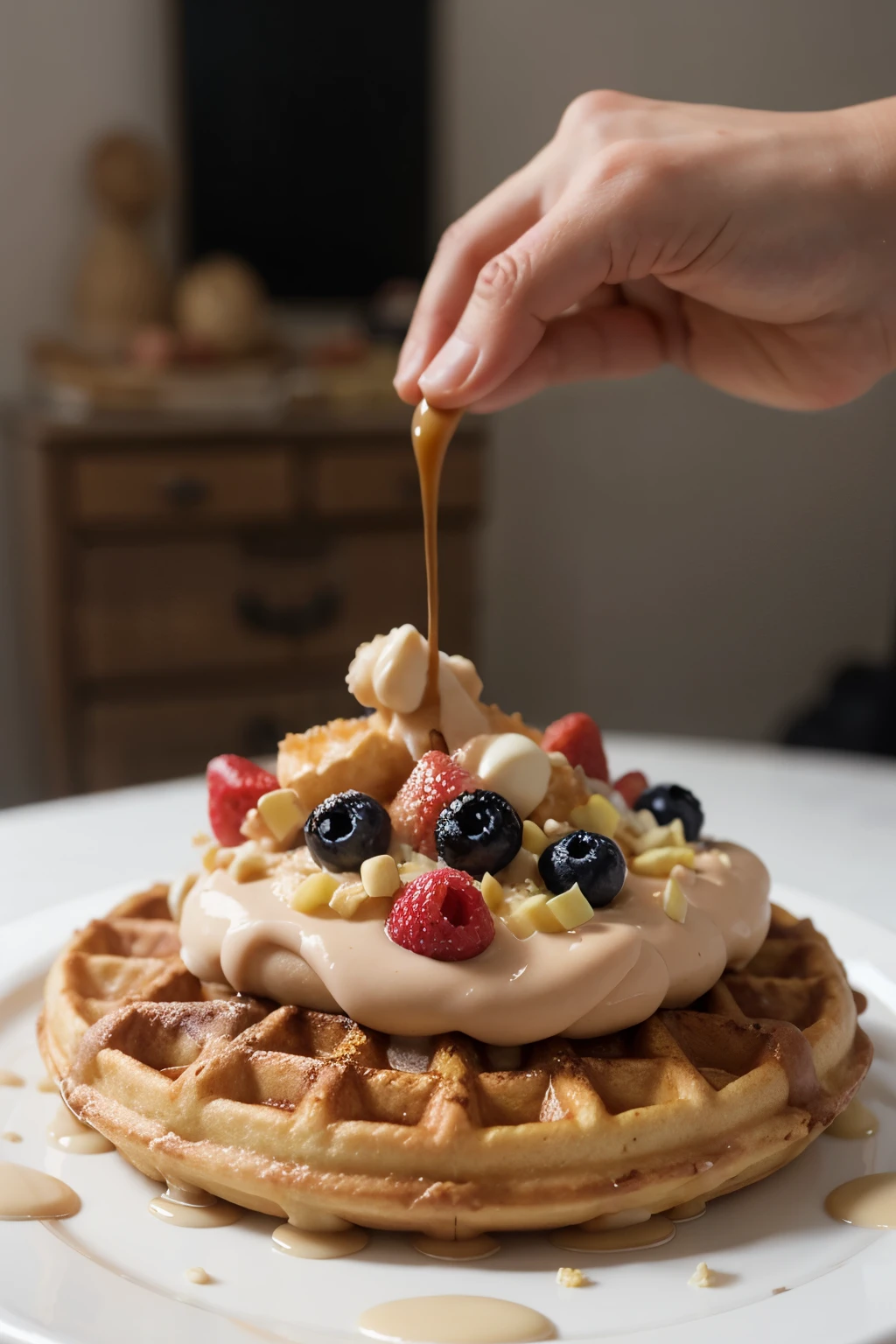 crea un waffle con frutas en movimiento