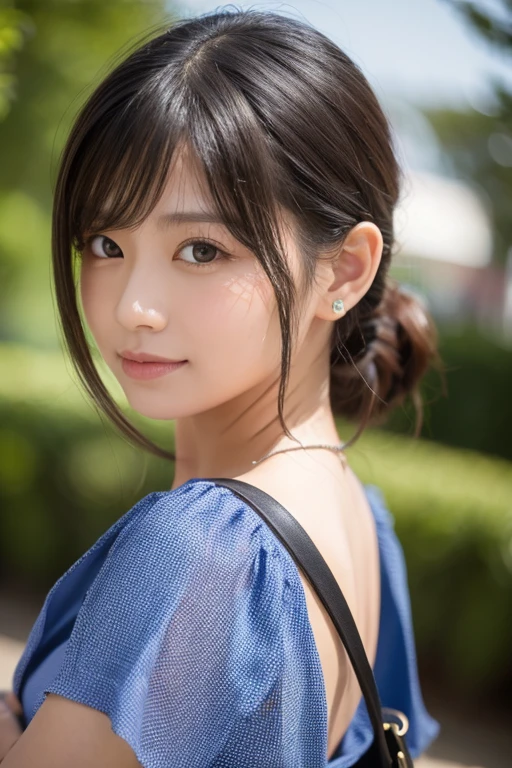 She's Japanese, cute and has big breasts. A woman who everyone thinks is cute The background is the rooftop of a building Night view