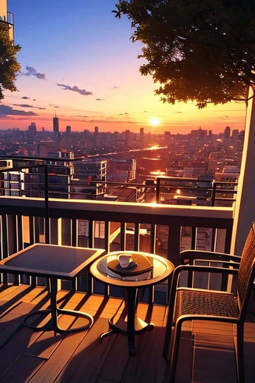 Terrace, por do sol, predios no fundo..., animation style, 2d